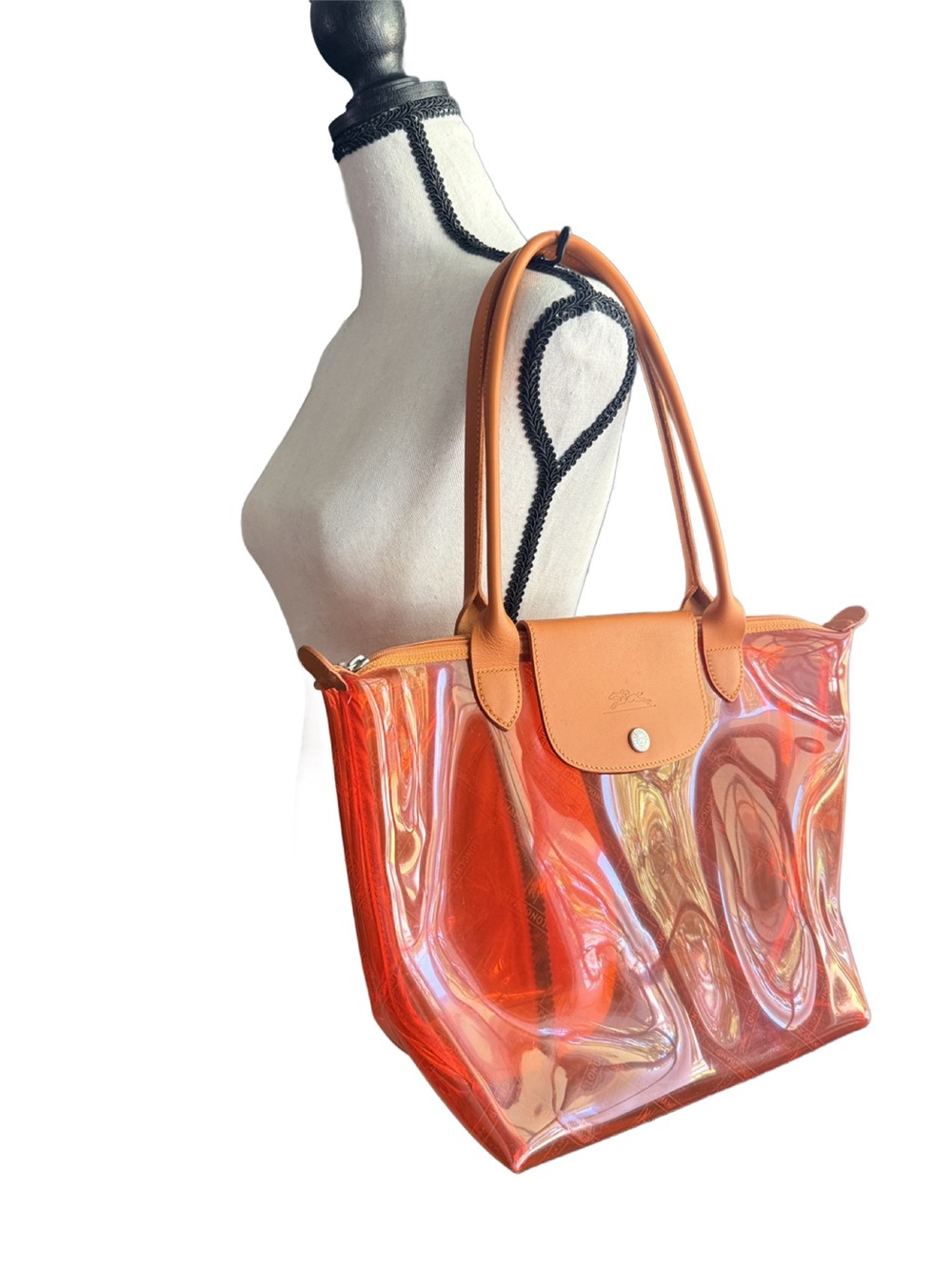 Longchamp Le Pliage Transparent Orange PVC Shoulder Tote -Made in France - Picture 4 of 14